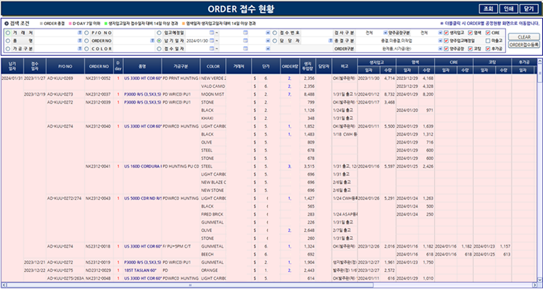 접수 현황 조회 화면